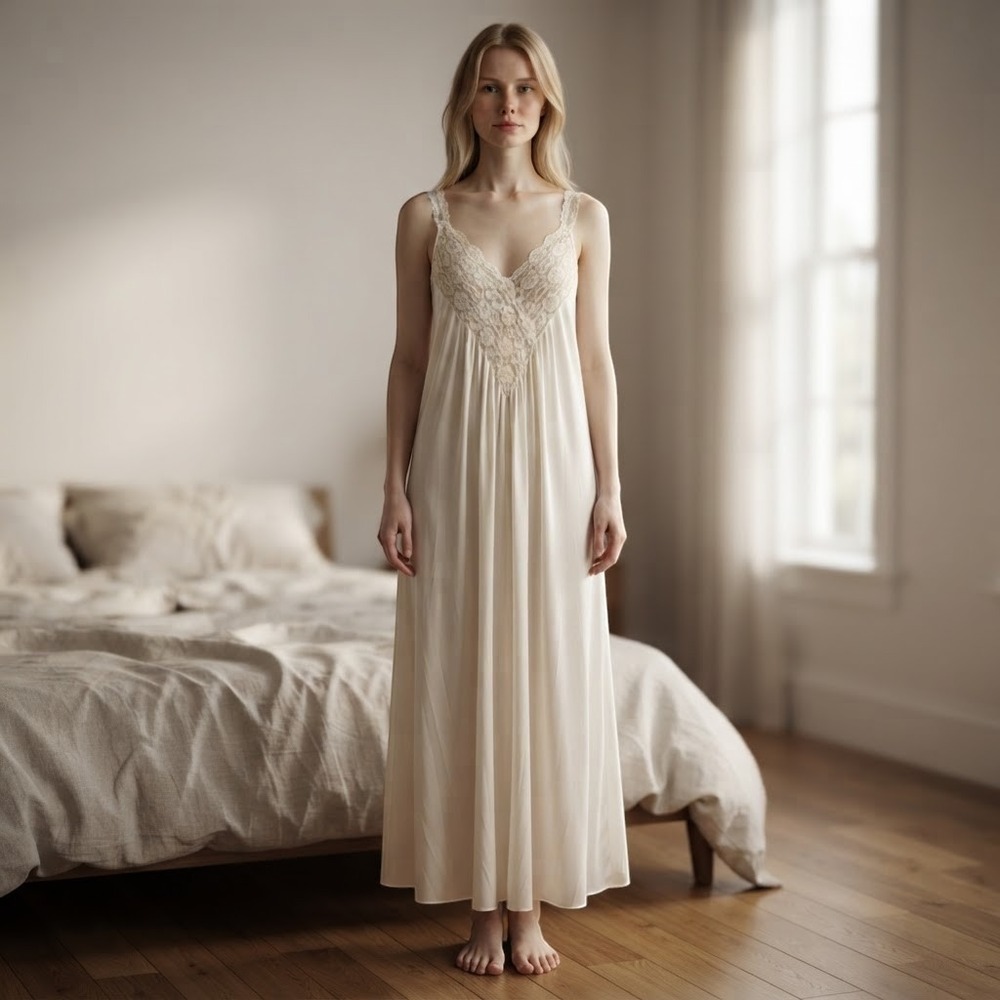 Vintage Ivory Lace V-Neck Maxi Nightgown Slip Dress Cottage Made USA Large Nylon